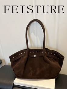 FEISTURE 1pc Rivet Inlaid Women's Large Capacity Shoulder Bag, Fashionable Suede Material Tote Bag, Suitable For Girls, Women, College Students, New Professionals And White-Collar Workers, Perfect For Work, Business, Commuting, School - Coffee - View 5