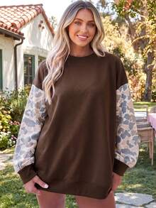 Acelitt Autumn/Winter Casual Crew Neck Loose Camouflage Patchwork Sweatshirt, Soft Fleece Fabric, Suitable For Daily Streetwear - Coffee Brown - View 1