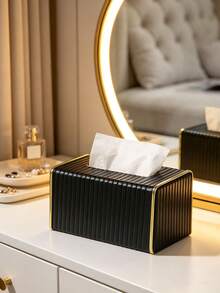 Multifunctional Desktop Tissue Box PU Leather Stripe Design Gold Edge Tissue Box Suitable For Living Room Dining Room Kitchen Desktop Decoration Home Decor Accessories & Storage Apartment Essentials - Multicolor - View 4