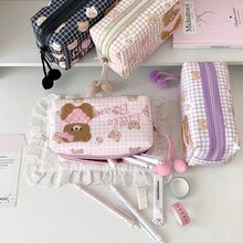 1Pc Checkered Bear Printed Large Capacity Makeup Bag,Makeup Storage Bag,Waterproof Wash Bag,Portable Travel Makeup Bag,Cosmetic Bag,Make Up Bag - Multicolor - View 7