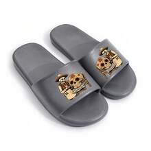Chanclas de EVA para hombre, estampado de esqueletos barberos del Día de Muertos. Suela antideslizante, ligeras y cómodas para casa, baño y paseos diarios. - Gris - Ver 2
