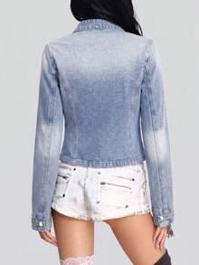 Women's Y2K Vintage Washed Cropped Denim Jacket, Stand Collar Multi-Button Military Style Short Denim Coat - Blue - View 3