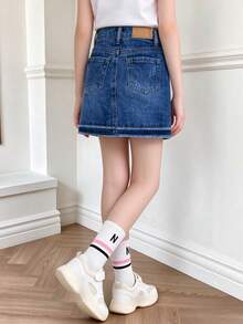Young Girls Cute Denim Mini Skirt With Tassel Hem, Fashion Adjustable Elastic Waist, Lined - Medium Wash - View 3