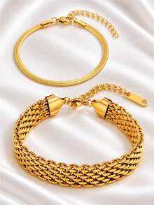 2pcs Gold Bracelet Set, Wide Curb Chain & Herringbone Flat Chain Bracelet, 18K Gold Plated Stainless Steel, Sleek Layered Jewelry For Women - Multicolor - View 4