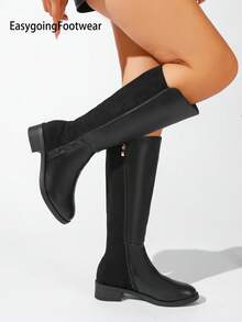 Black Patchwork Side Zipper Knight Tall Boots, Round Toe Thermal Lined Warm, Flat Sole Slimming Leg Shaping, Versatile For Multiple Occasions In Autumn/Winter - Black - View 8