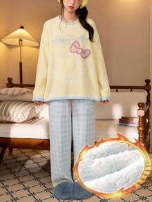 Gongdie Disney 2 Pieces Marie Women's Fleece Pajama Set,Fall Winter Yellow Thick Plush Gingham Loungewear With Pocket - Yellow - View 11
