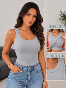 ChicMe Áo tank top nữ gân có cúp ngực, cổ tròn, sát nách, dáng ôm, áo thun cơ bản thường ngày, phù hợp đi làm, dự tiệc và mặc dạo phố hàng ngày - Màu Xám nhạt - Xem 5