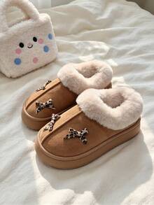 Women's Fleece Leopard Print Bow Thick Sole Slippers, Warm Lining, Closed Back, Unisex Indoor/Outdoor Slippers - Style B-brown - View 8