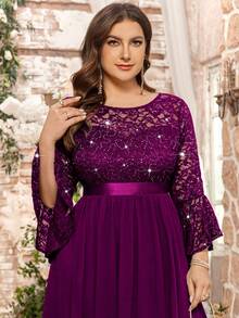 Plus Size Floral Sequin Lace Bell Sleeve Chiffon Ruched Hem Formal Evening Gown, Wedding Guest Dress, Suitable For Birthday, Graduation, Homecoming - Maroon - View 10