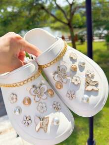 22pcs Metal Chain, Rhinestone Butterfly, Flower, ABS Pearl Accessories, Easy To Install Detachable DIY Shoe Charms, Suitable For Sandals, Clogs, Garden Shoes, Holiday Gifts - Gold - View 6