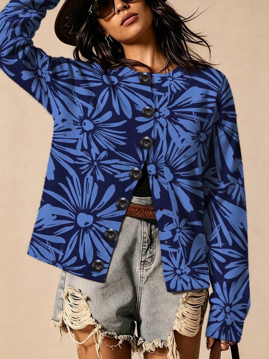 ASHKATIA Women's Plus-Size Vintage Cardigan Sweater, Klein Blue Flowers,Fall Winter Knit For Social Occasions - Multicolor - View 1
