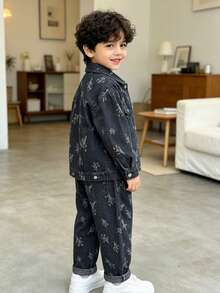 Boys' Toddler Autumn Denim Jacket & Pants 2 Pieces Set, Suitable For Daily, School, Outdoor, Casual Wear - Grey - View 2