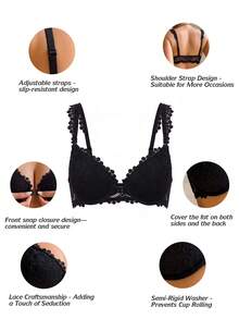 1pc Black Delicate Lace Front Closure Underwire Push-Up Bra, Suitable For Daily Wear And Dating - Black - View 8