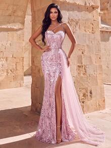Elegant Women's Pink Maxi Formal Dress With Sequin & Beaded Details, Slit, And Romantic Spaghetti Strap Neckline For Prom & Gowns - Pink - View 5