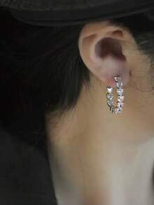 1 Pair Elegant Casual Glass Rhinestone Heart Hoop Earrings Suitable For Women's Party And Gathering - Silver - View 4