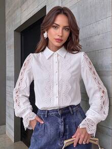 Vuslat Women's Autumn French Collar Hollow Lace Patchwork White Blouse, Suitable For Commuting, Office, Dating, Graduation, Gathering, Afternoon Tea - White - View 5