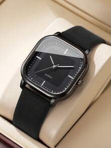 1 pieza Conjunto de cinturón de piel casual de moda para hombre y reloj de pulsera cuadrado minimalista con esfera clásica de cuarzo (reloj no incluido) - Negro - Ver 8