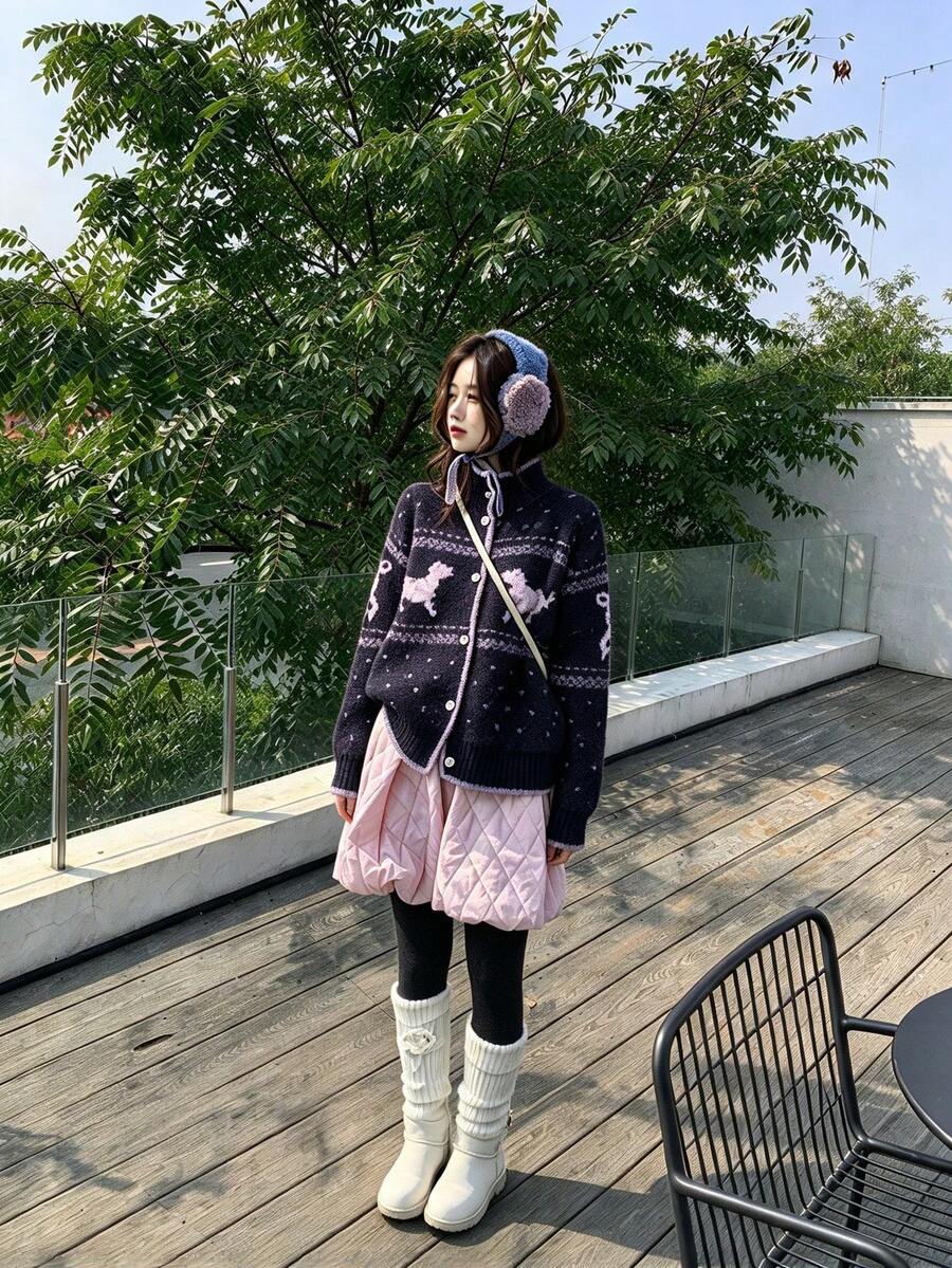 Puppy Jacquard Soft Knit Cardigan Women's Autumn/Winter New Loose Slouchy Fair Isle Knit Sweater Jacket - Multicolor - View 1