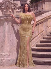 Women's Sleeveless Strapless Gold Sequin Beaded Formal Evening Gown, Long Slit Fitted Glamorous Dress, Suitable For Special Occasions - Khaki - View 4