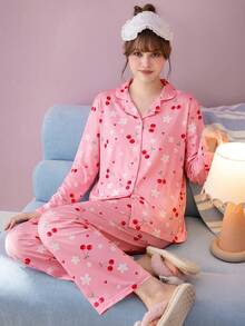 Gongdie 2pcs Women's Pajama Set, Autumn/Winter Pink Soft Silky Satin Cherry & Floral Print Loungewear With Pockets - Pink - View 2