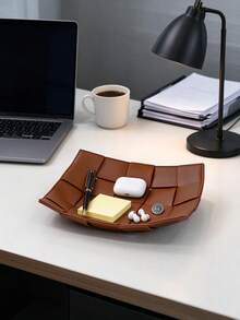 2 Colors Woven Leather Valet Tray Elegant Desktop Faux Leather Catchall Tray Tabletop Key Jewelry Accessory Storage Dish For Entryway Nightstand Office Home Decor - Multicolor - View 9