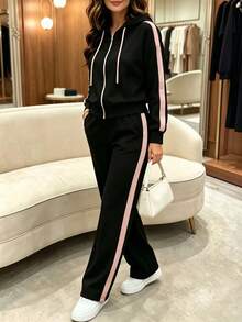 3-Season Women Hooded Zip-Up Sweatshirt Top Paired With Contrast Color Wide Leg Straight Pants 2 Pieces Set - Black - View 2