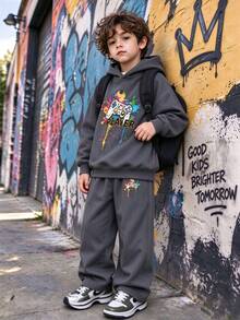 Boys' And Teens' Creative Game Console Print Design, Dark Gray Hoodie And Dark Gray Wide Leg Pants 2 Pieces Set, Minimalist Design, Suitable For Spring, Autumn And Winter Wear, Comfortable And Relaxed - Dark Grey - View 1