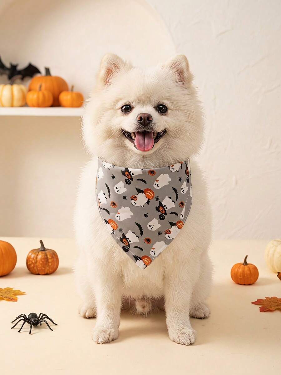 PETSIN Halloween Pet Scarf, Polyester Ghost & Pumpkin Print Accessory For Small Dogs, Suitable For Daily Indoor Wear And Outdoor Parties