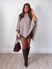 Vintage Elegant Asymmetrical Sweater Poncho For Women Loose Fit Pullover Knit Top For Weekend Dates Night Out And Evening Dinner Parties Chic Style - Vanilla Oat - View 5