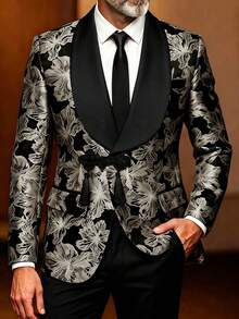 Men's 2 Pieces Suit Set, Black Floral Jacquard Blazer With Black Solid Color Shawl Lapel, Frog Buttons Placket, Solid Black Trousers, Slim Fit Formal Evening Party Performance Wedding Tuxedo - Black - View 5