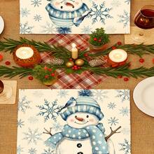 2Pcs Watercolor Snowman Placemats Blue Snowflake & Bird Print Winter Table Mats Farmhouse Winter Holiday Table Decor - Blue and White - View 10