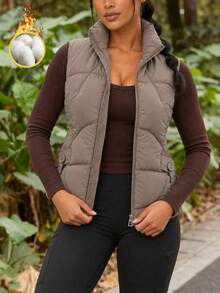 Women's Stand Collar Quilted Puffer Vest With Side Tab Waist Detail Zip Front Sleeveless Casual Layering Jacket - Brown - View 9