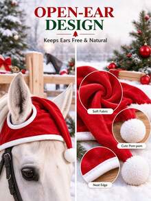 Equestrian Christmas Decoration Hat, Soft Fleece Fabric With Classic White Trim And Pom-Pom Design, Hollow Structure Non-Obstructive To Horse Movement, Secure Fit And Non-Slip, Ideal For Christmas Parties, Outdoor Riding, And Holiday Photoshoots - Multicolor - View 5
