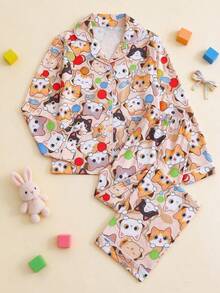 Tween Girls Cute Cartoon Cat Print Button Front Long Sleeve Pajama Set, 2pcs Lapel Top & Pants Soft Sleepwear For Autumn Winter Home Outfit Loungewear - Multicolor - View 1