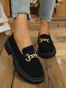 Women's Chain Decor Thick Sole Loafers British Style Spring Autumn Black Thick Sole Shoes - Black - View 4