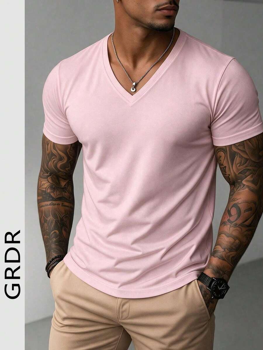 GRDR قميص تي شيرت رجالي بياقة على شكل حرف V وأكمام قصيرة | تصميم راقي | ضروري للصيف | سهل التنسيق | أظهر أسلوبك