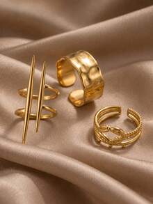 3pcs Gold Avant-Garde Personalized Ring Set, Double Ring Spike, Twisted Grain, Wrinkled Texture, Open Adjustable, Stackable Versatile, Women's Style - Gold - View 5