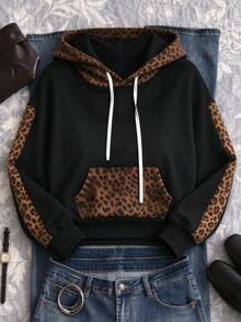 Women's Leopard Print Patchwork Short Sweatshirt, Autumn New Loose Drop Shoulder Drawstring Black Sexy Top - Black - View 1