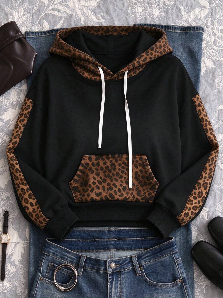 Women's Leopard Print Patchwork Short Sweatshirt, Autumn New Loose Drop Shoulder Drawstring Black Sexy Top - Black - View 1