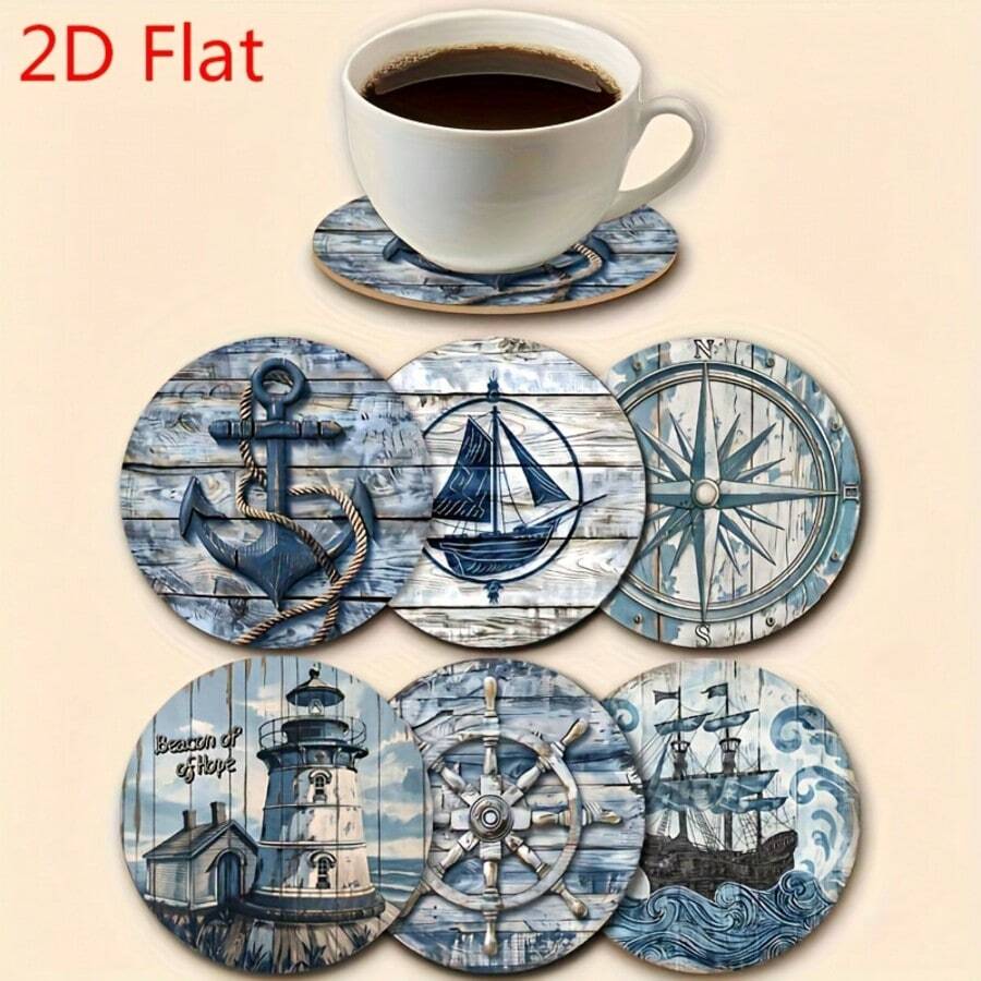 2D Flat Nautical Theme Wooden Coaster Set, 6 Pieces, Non-Slip Heat-Resistant, Perfect For Coffee, Tea, Kitchen Home And Restaurant Decor, Birthday, Holiday Gift - View 1
