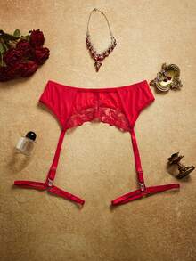 PinupPomp 4pcs Plus Size Women's Embroidered Lace Underwire Single Layer Bra, Push Up Low Waist Thong Panty, Garter Belt, Leg Rings,Floral Embroidery - Red - View 8