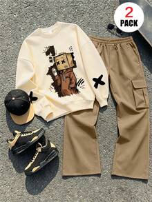 2pcs/Set Boys Crew Neck Sweatshirt Set, Printed With Boy Wearing Headband Design, Paired With Casual Cargo Pants, New Autumn/Winter Outfit - Apricot - View 2