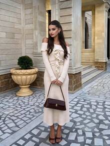 Elegant Women's White Knit Off-Shoulder Long Sleeve Midi Dress With Asymmetric Ruffle Design, Perfect For Parties - Apricot - View 2