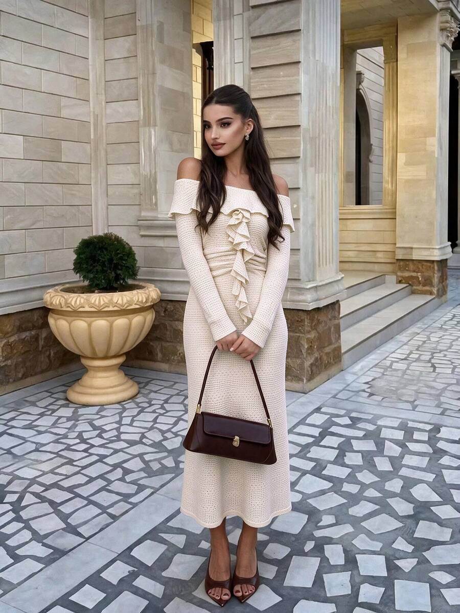Elegant Women's White Knit Off-Shoulder Long Sleeve Midi Dress With Asymmetric Ruffle Design, Perfect For Parties