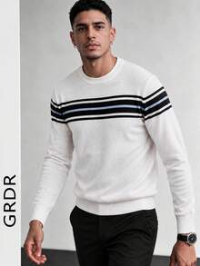 GRDR Men's White Crew Neck Horizontal Striped Knit Sweater, Autumn/Winter Contrast Color Stripe Chest Detail, Long Sleeve Slim Fit Pullover - White - View 3