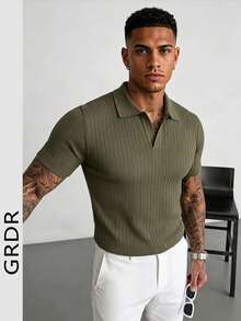 GRDR Men's Summer Knit Polo Shirt, Solid Color Short Sleeve Knit Collar, Suitable For Summer Outings, Essential For Fashionable Outfit - Army Green - View 3