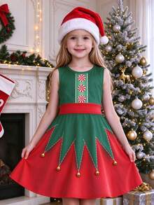 Young Girl Casual Comfortable Christmas Elf Dress, Birthday Party, Photo Shoot - Multicolor - View 3