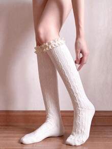 Women's Solid Color Lace Trim Socks, Cream White Japanese School Style Cable Knit Ballet Mid-Calf Socks, Fashion Loose Long Leg Socks, Suitable For Matching With Boots - White - View 3