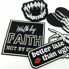4pcs Skeleton Hand Fangs Lips Faith Letter Embroidered Iron On Patches, Gothic Sew On Applique Patches For Jackets Backpacks Clothing Decor - C - View 5