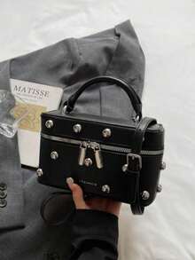 Vintage Style Rivet Decor Box Bag; Y2K Style, Multi-Functional, Minimalist Casual Women's Crossbody Bag; Zipper Closure; Adjustable Shoulder Strap; Suitable For Office, Dating, Outing, Picnic And Other Occasions - Black - View 8